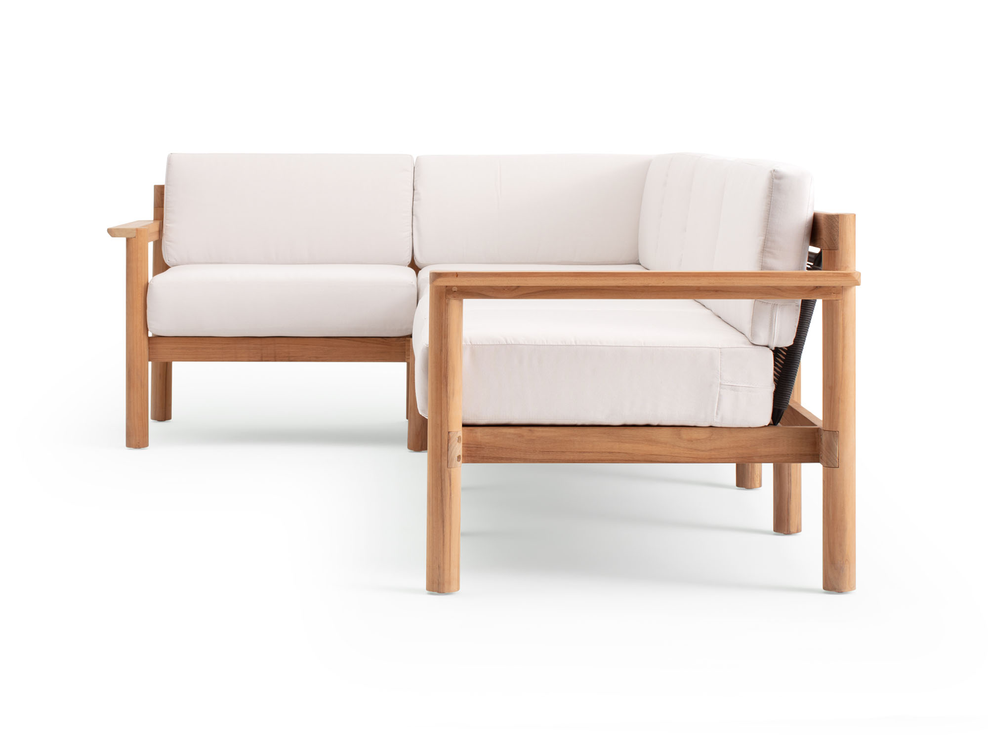Side view of 5-piece outdoor sofa with white cushions